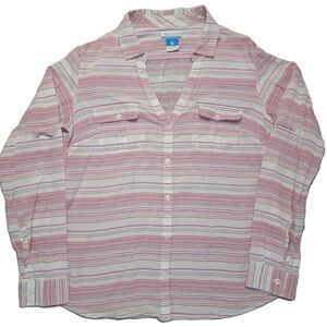 Columbia Womens M  Shirt Button Up Striped Long Sleeve Stripped Pink Fishing Top